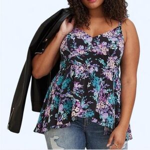 Torrid 3X Peplum Studio Crepe de Chine Top Floral Black Purple Teal Boho Romance